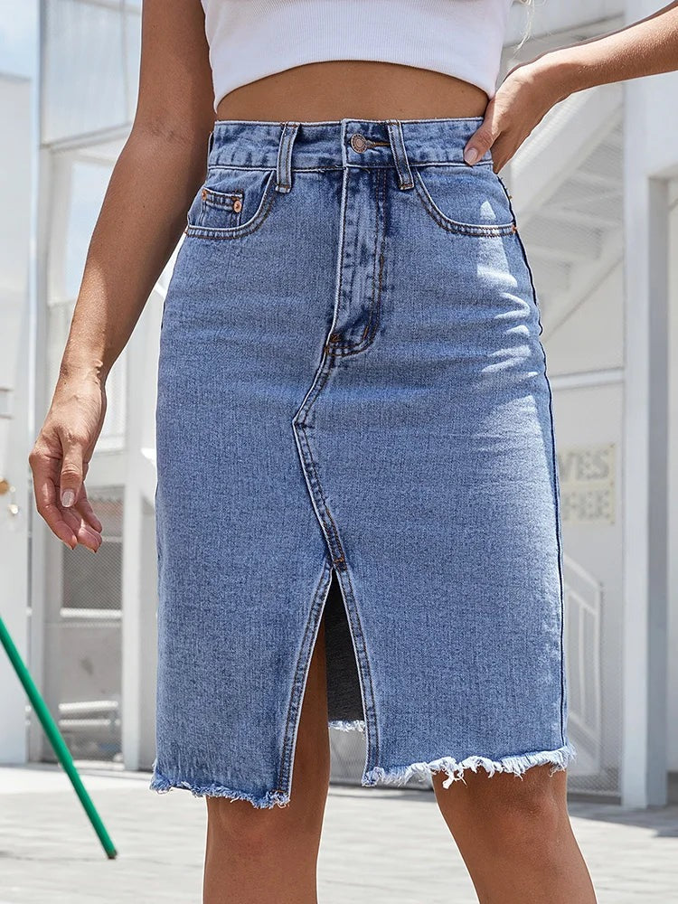 High Waisted Denim Midi Skirt