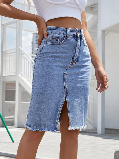 High Waisted Denim Midi Skirt