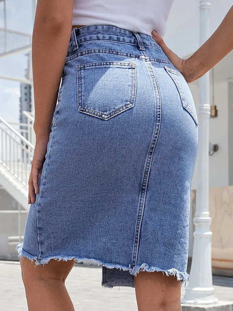 High Waisted Denim Midi Skirt