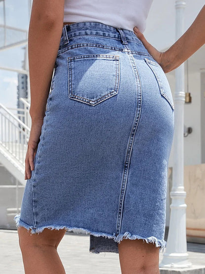 High Waisted Denim Midi Skirt
