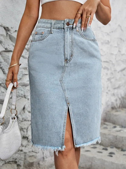 High Waisted Denim Midi Skirt - Light Blue