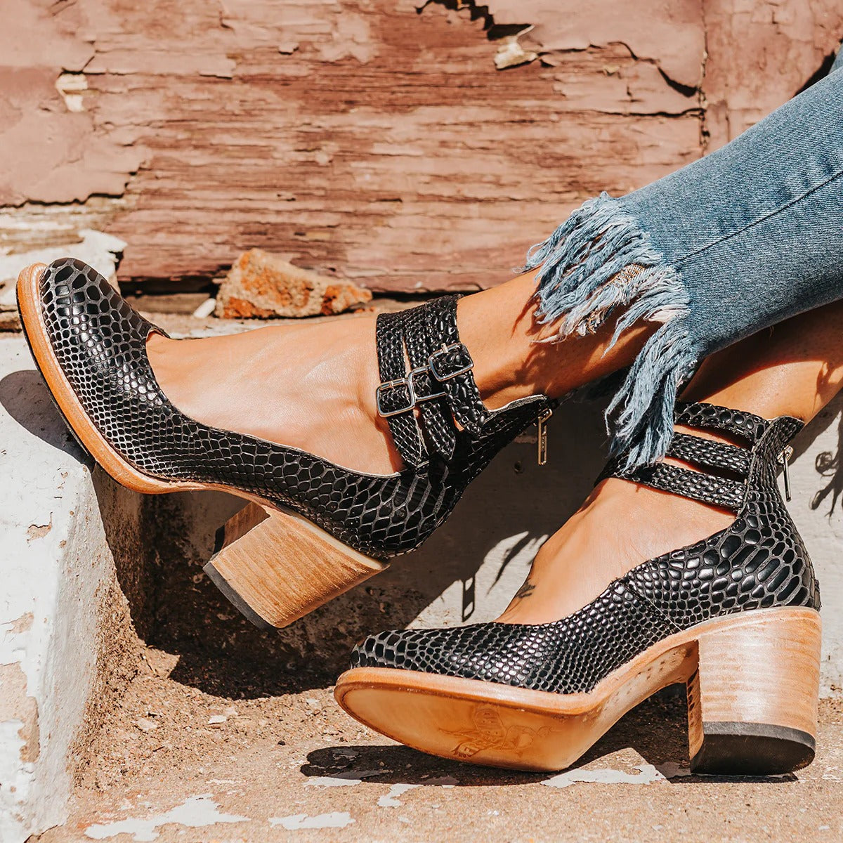 Block Heel Ankle Boots - Black Snake