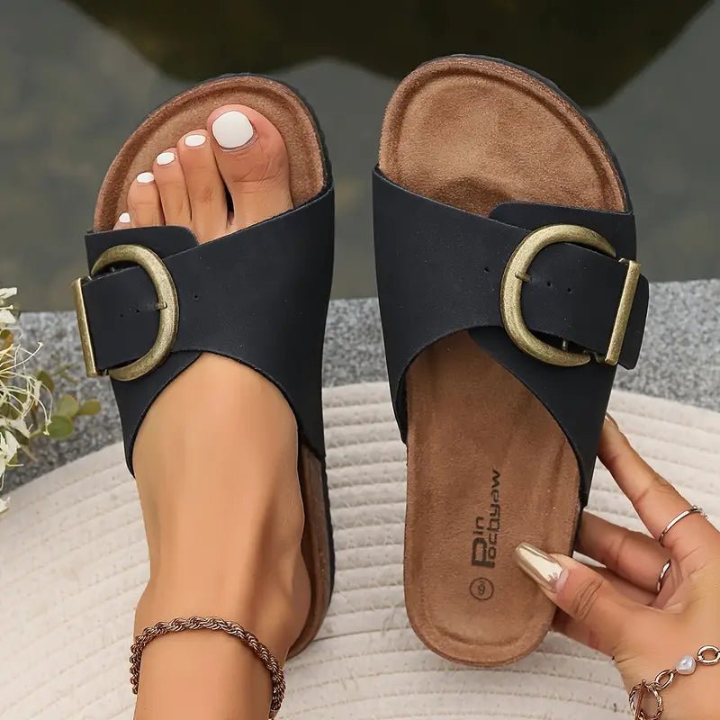 Women's Faux Leather Vacation Slide Sandals - Black
