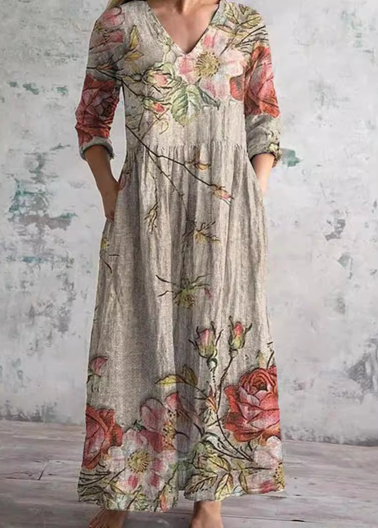 Women's Floral V-Neck Maxi Dress - Beige