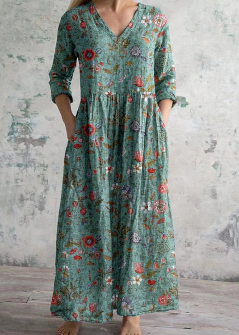 Women's Floral V-Neck Maxi Dress - Green