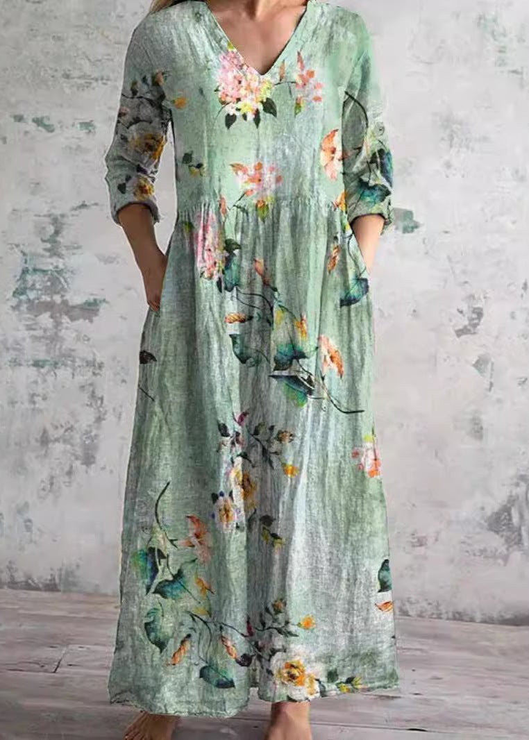 Women's Floral V-Neck Maxi Dress - Light Green