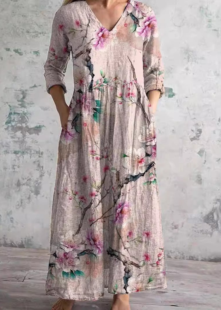 Women's Floral V-Neck Maxi Dress - Pink