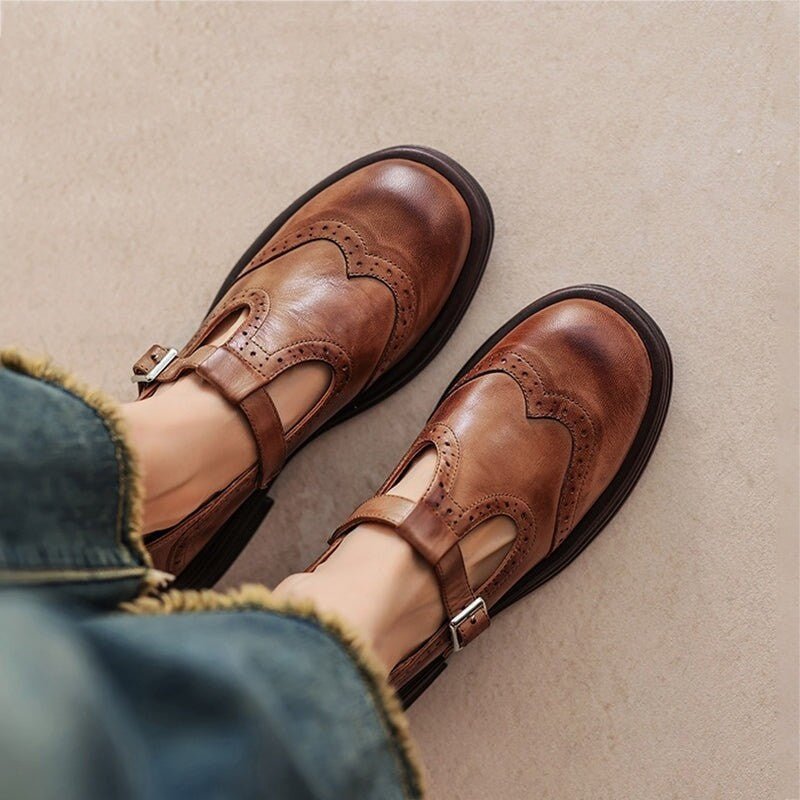 Women's Leather T-Strap Brogue Shoes