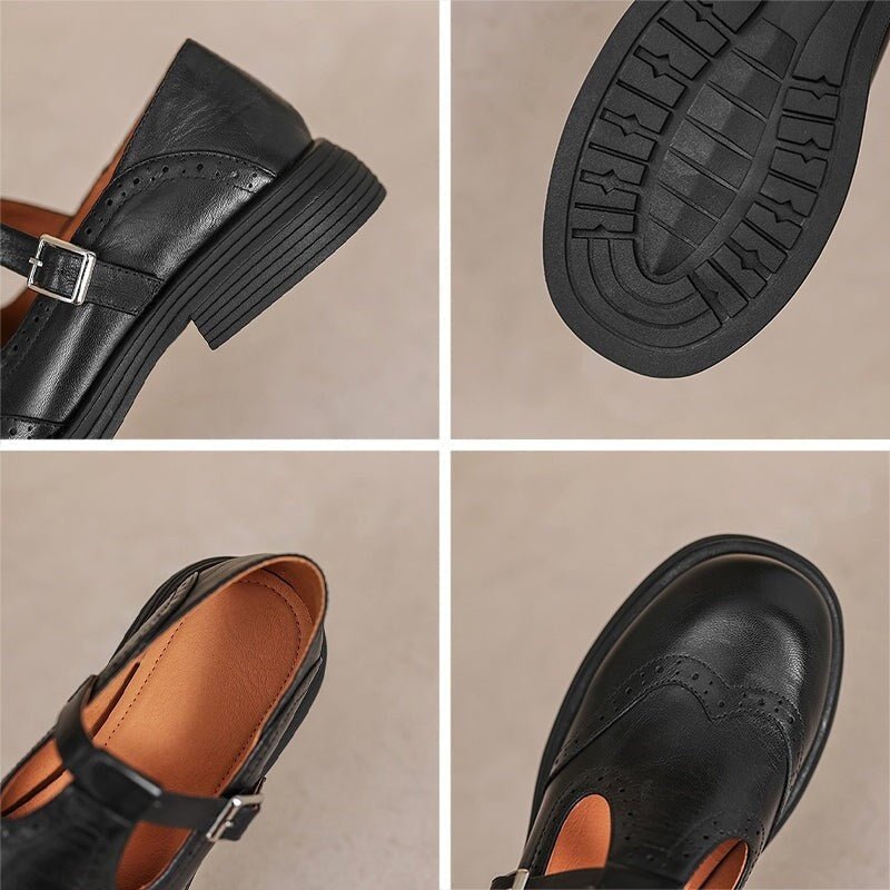 Women's Leather T-Strap Brogue Shoes