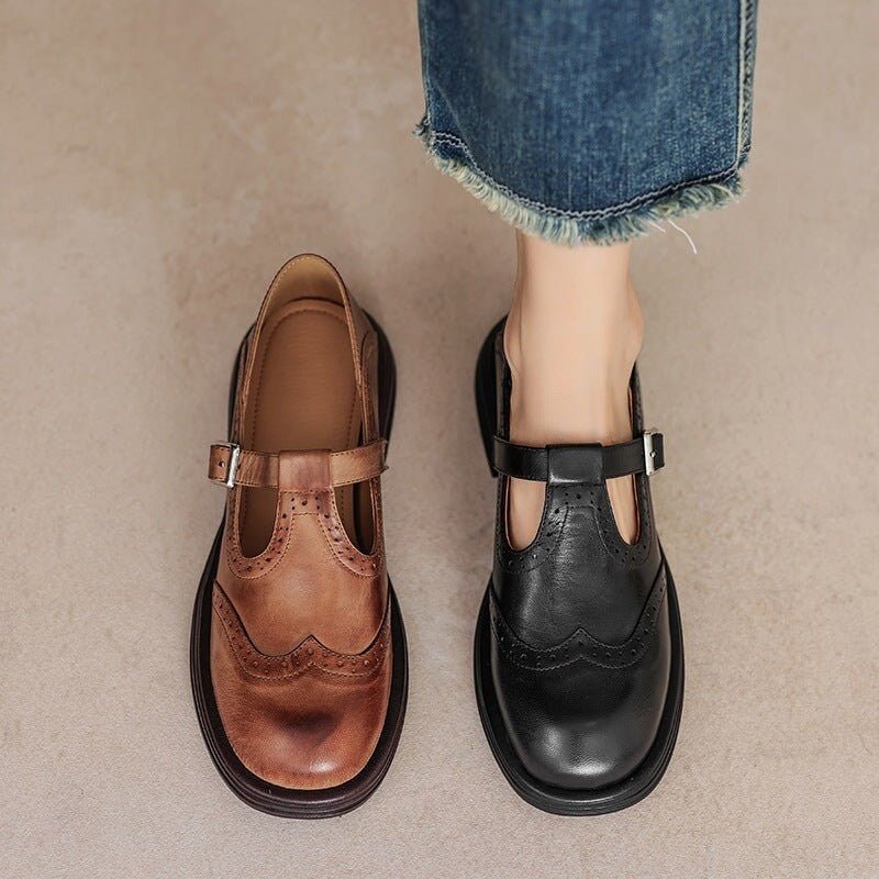 Women's Leather T-Strap Brogue Shoes