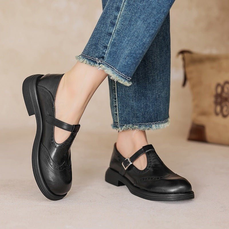 Women's Leather T-Strap Brogue Shoes