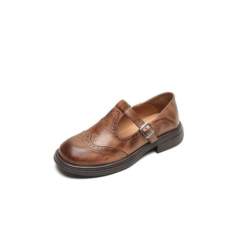 Women's Leather T-Strap Brogue Shoes - Brown