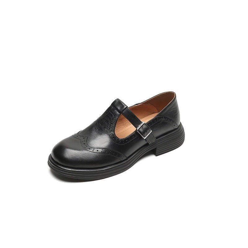 Women's Leather T-Strap Brogue Shoes - Black