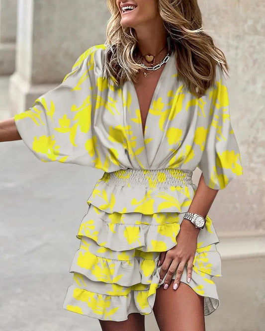 Floral Wrap Mini Dress - Yellow