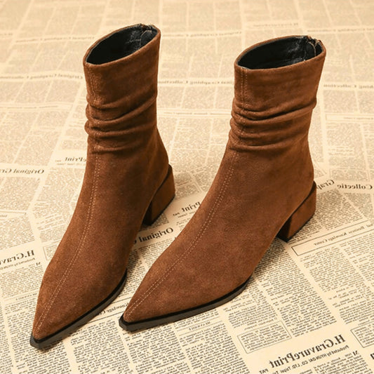 Slouchy Block Heel Ankle Boots - Brown