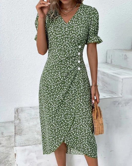 Floral Wrap Midi Dress - Green