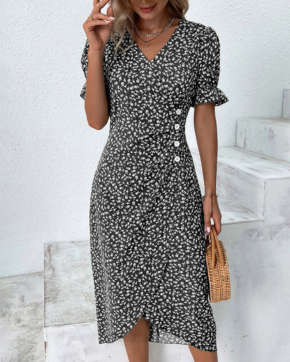 Floral Wrap Midi Dress - Black