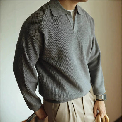 Long Sleeve Knit Polo Shirt - Grey