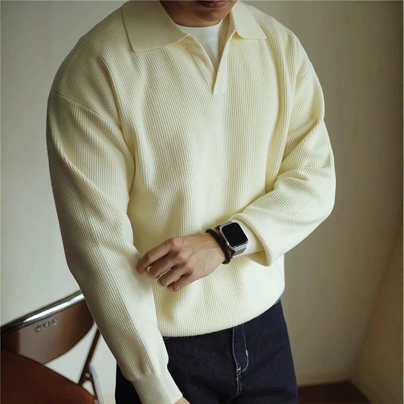 Long Sleeve Knit Polo Shirt - Cream