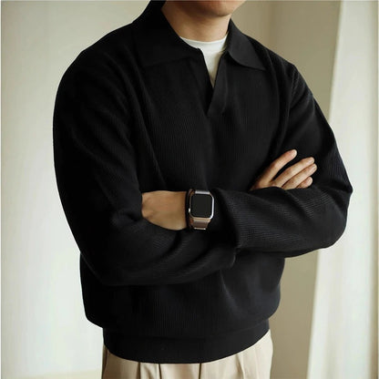 Long Sleeve Knit Polo Shirt - Black