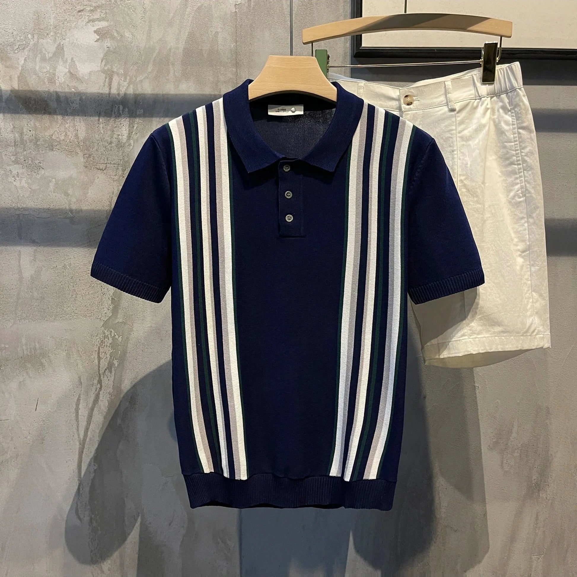 Striped Knit Polo Shirt - Navy