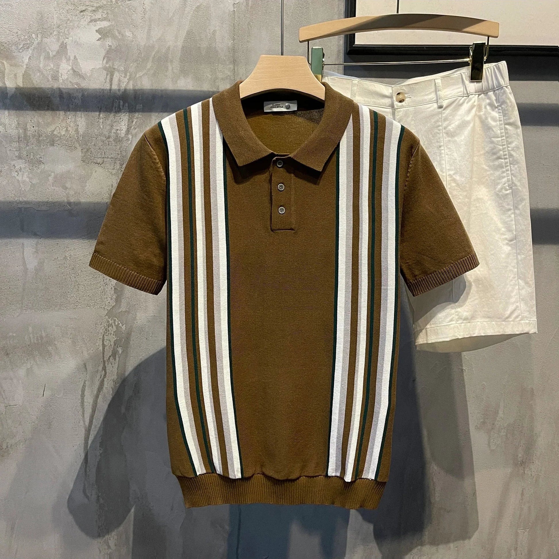 Striped Knit Polo Shirt - Brown