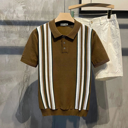 Striped Knit Polo Shirt - Brown