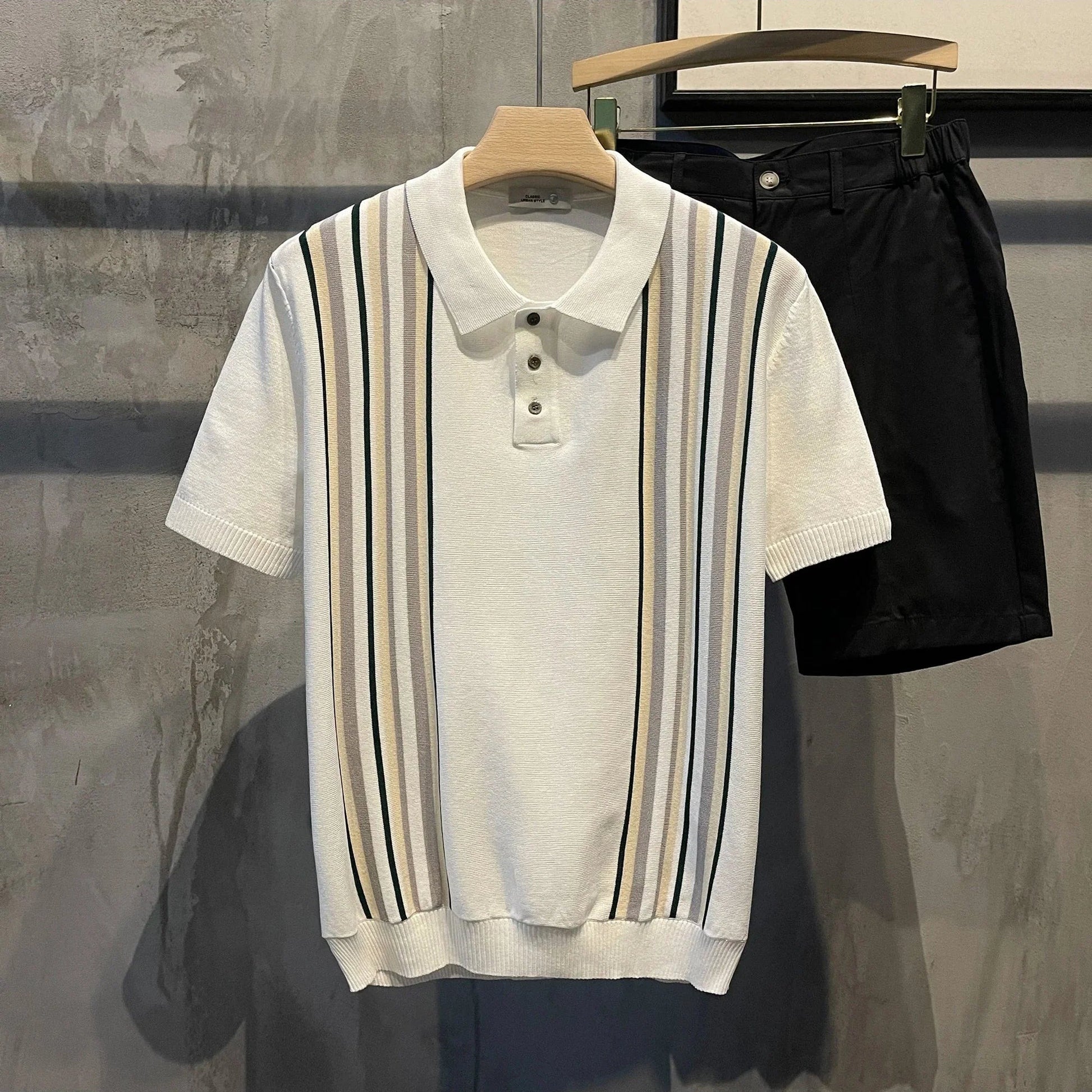 Striped Knit Polo Shirt - Cream