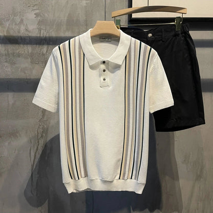 Striped Knit Polo Shirt - Cream
