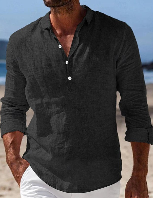 Men's Linen Popover Henley Shirt - Black