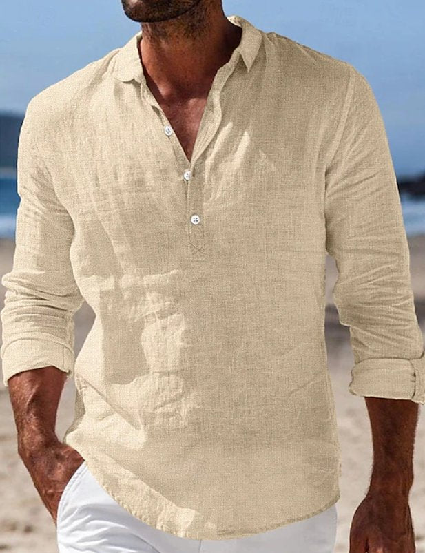 Men's Linen Popover Henley Shirt - Beige