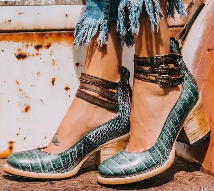 Block Heel Pumps - Green snake (Sold Out)