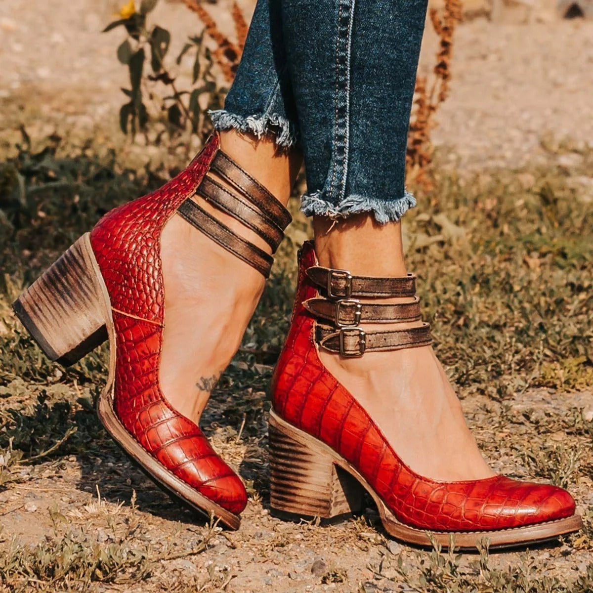 Block Heel Pumps - Red snake