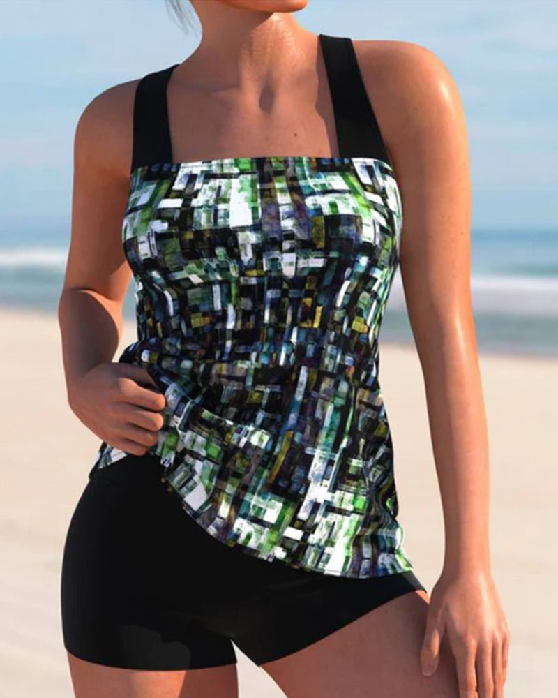 Women's Floral Square Neck Tankini Set - Black/Green