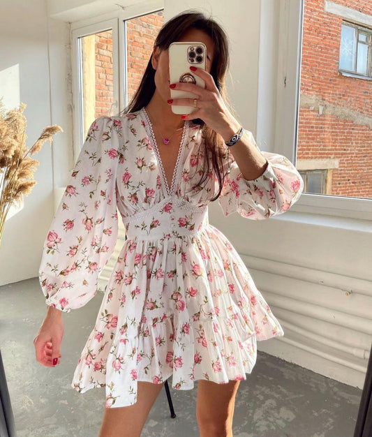 Floral Long Sleeve Mini Dress - Pink