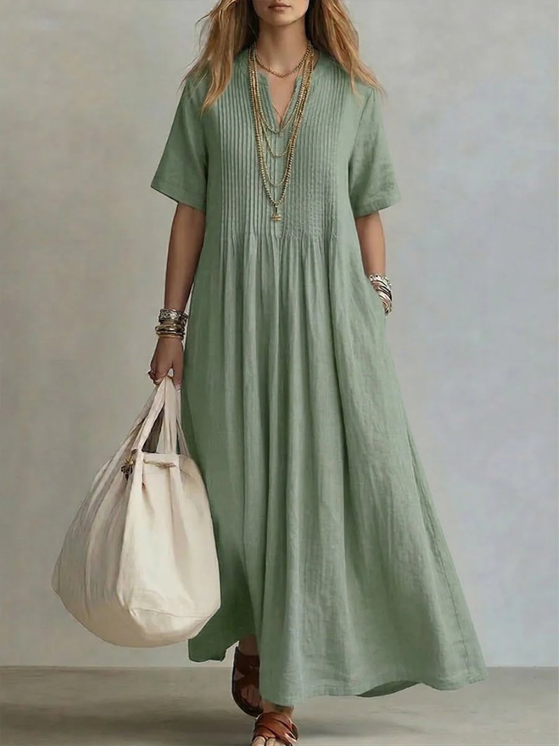 Women's V-Neck Maxi Shirt Dress - Green