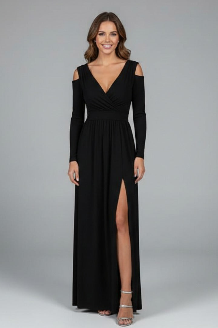 Cold Shoulder Wrap Maxi Dress - Black