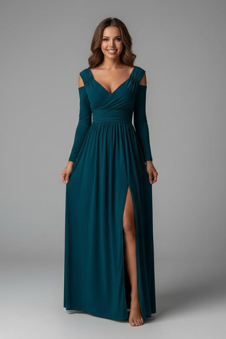 Cold Shoulder Wrap Maxi Dress - Teal