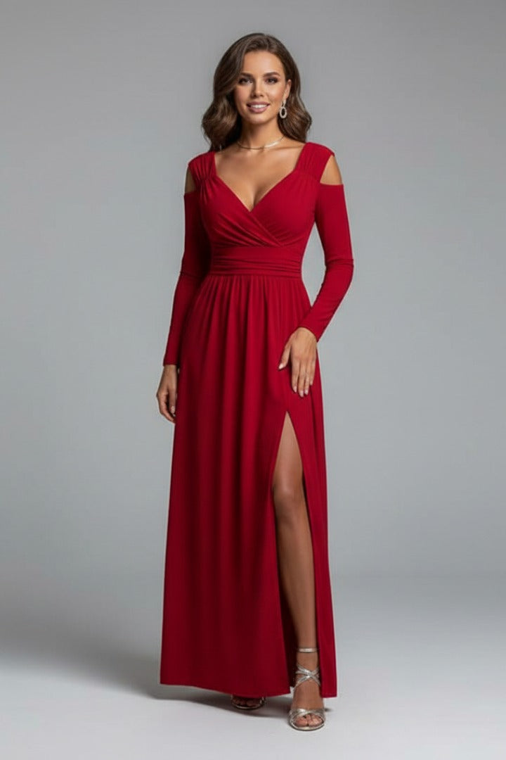Cold Shoulder Wrap Maxi Dress - Red