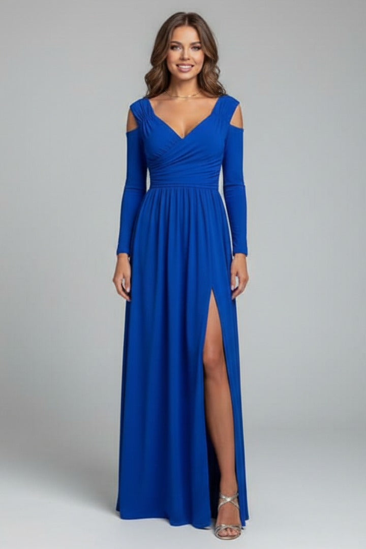 Cold Shoulder Wrap Maxi Dress - Blue