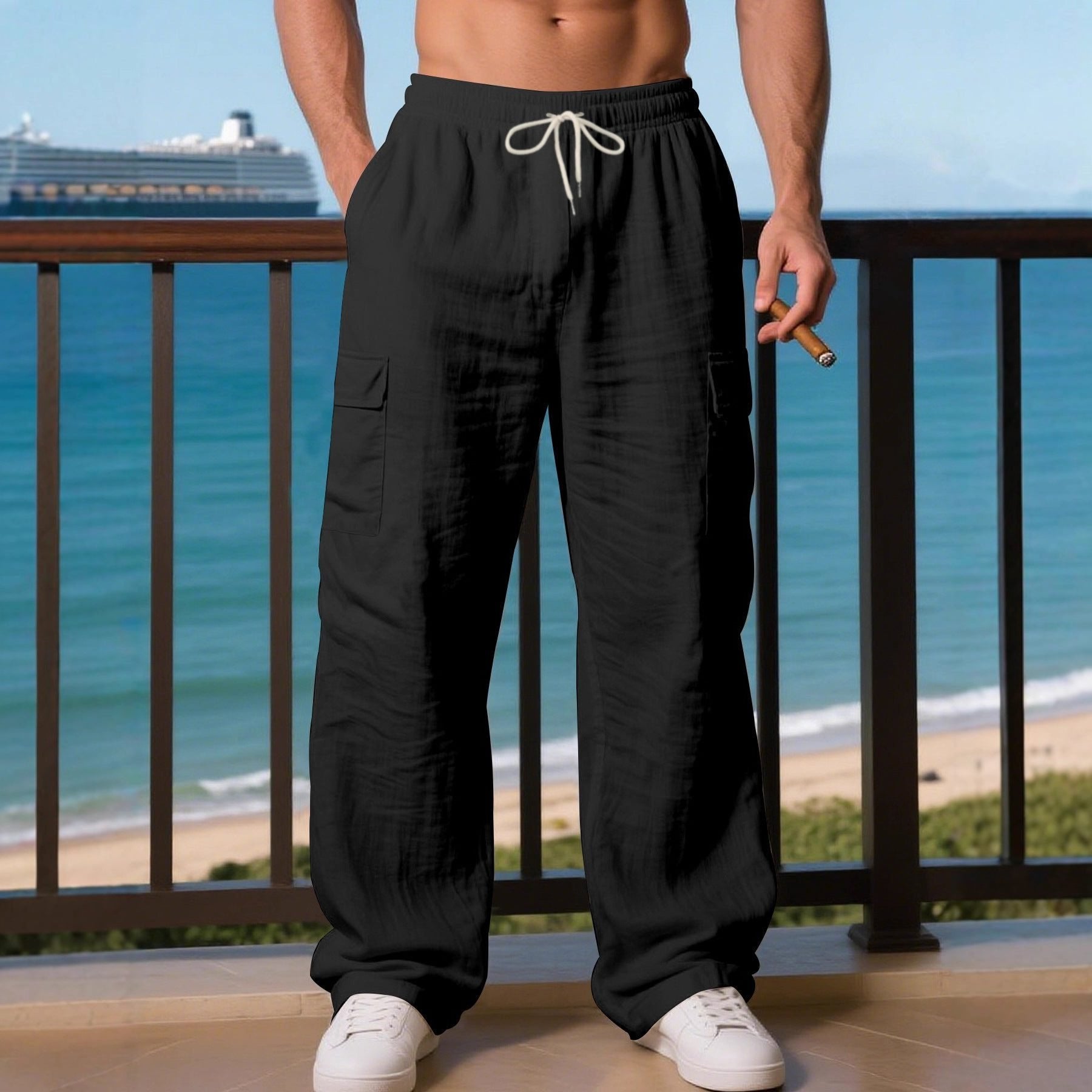 Men's Wide-Leg Linen Cargo Pants