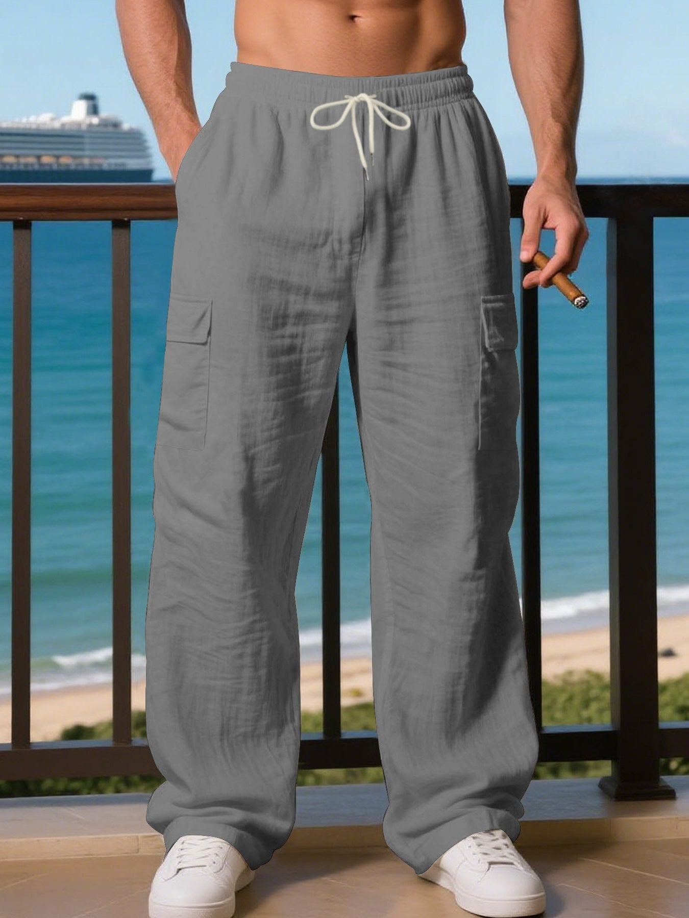 Men's Wide-Leg Linen Cargo Pants - Grey