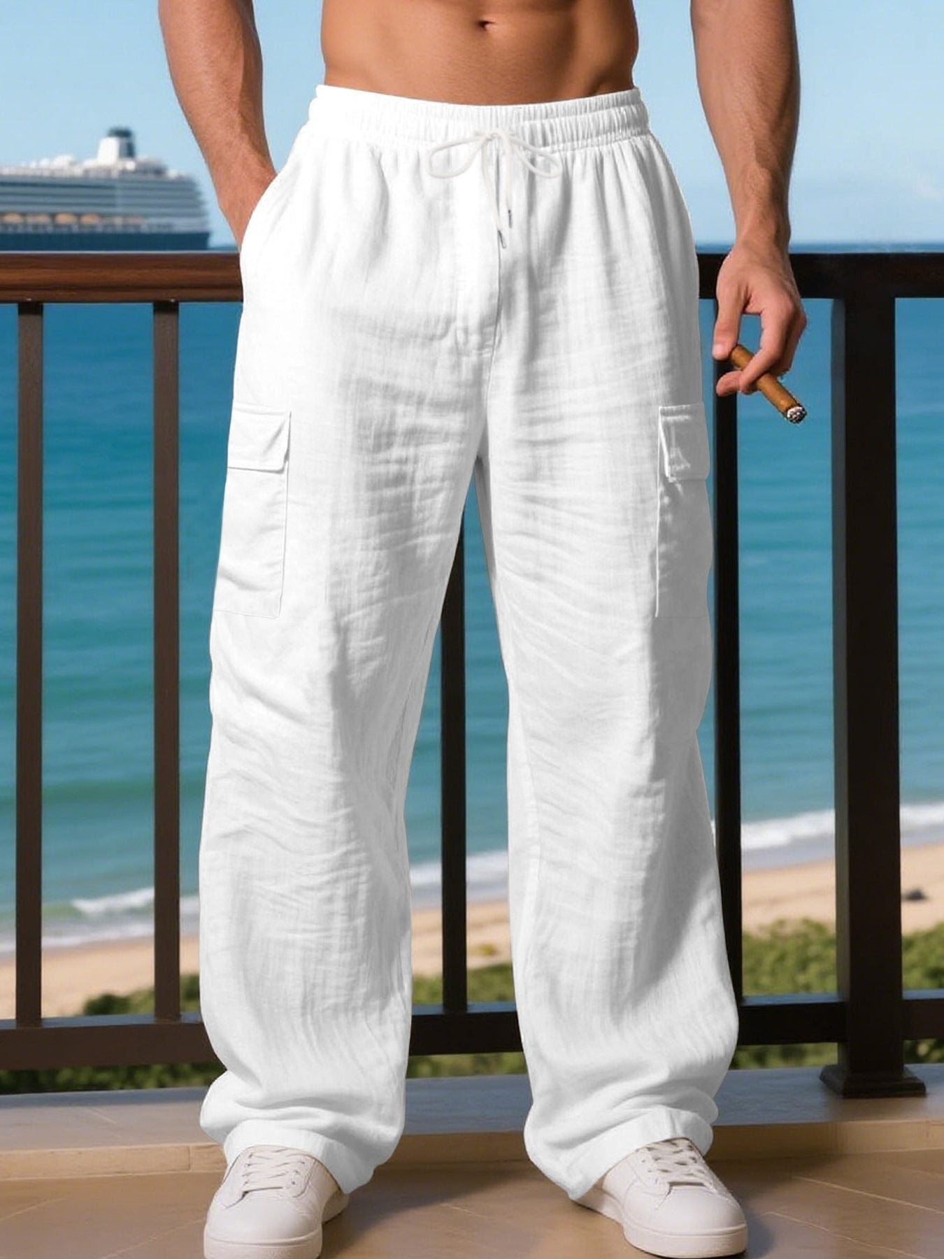 Men's Wide-Leg Linen Cargo Pants - White