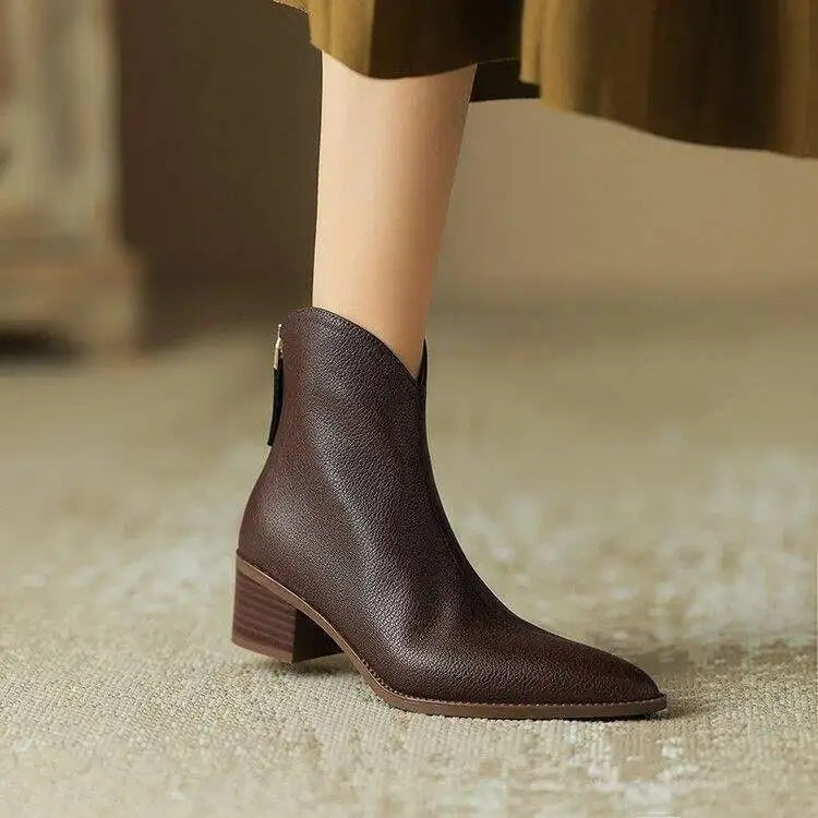 Block Heel Ankle Boots - Brown