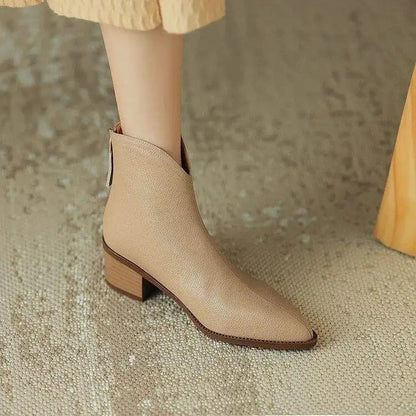 Block Heel Ankle Boots - Beige