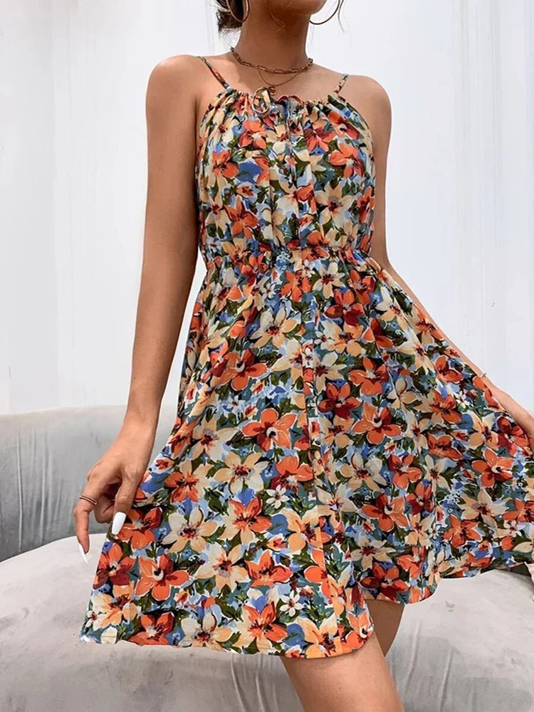 Women's Floral Chiffon Mini Dress - Orange