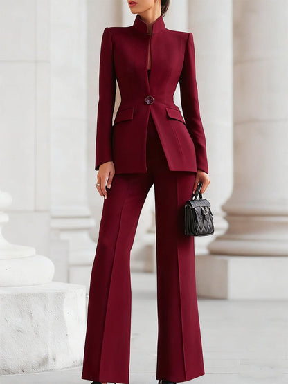 Business Blazer Pants Two Piece Set - Bordeaux Red