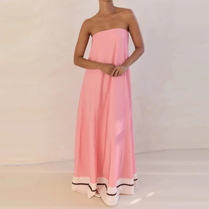 Strapless Floral Maxi Dress - Pink Stripe