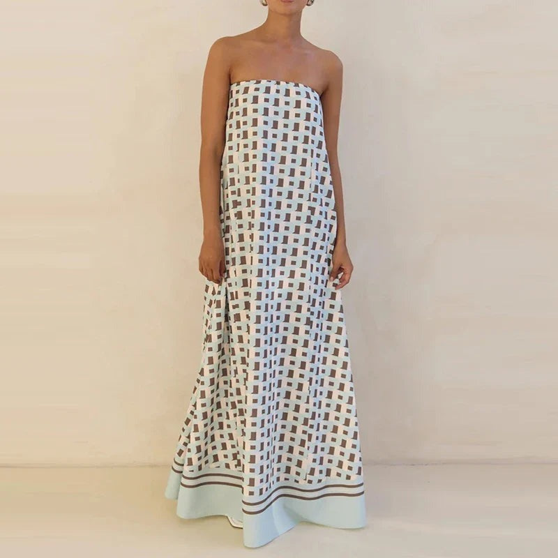 Strapless Floral Maxi Dress - Brown Plaid
