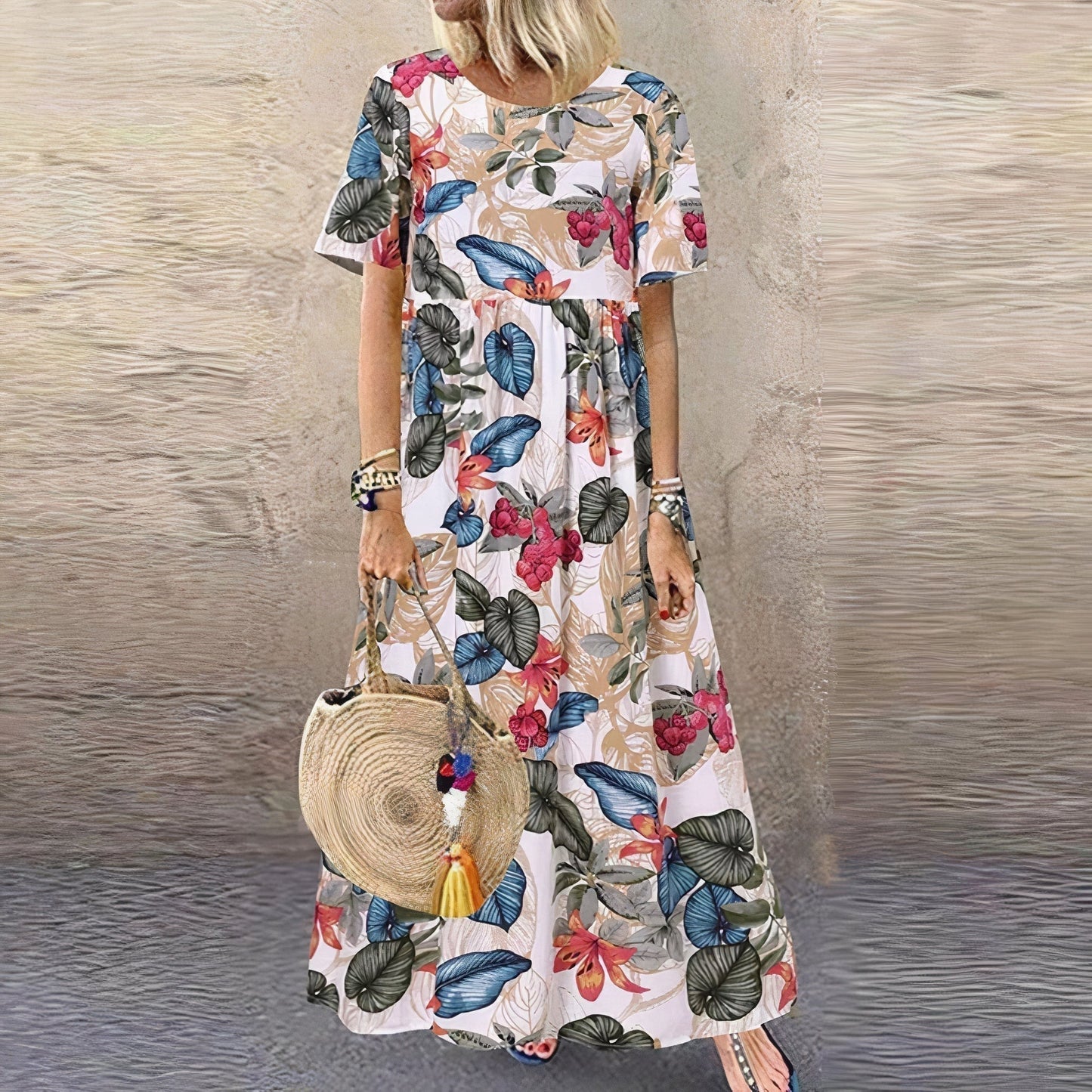 Floral Summer Maxi Dress - Beige